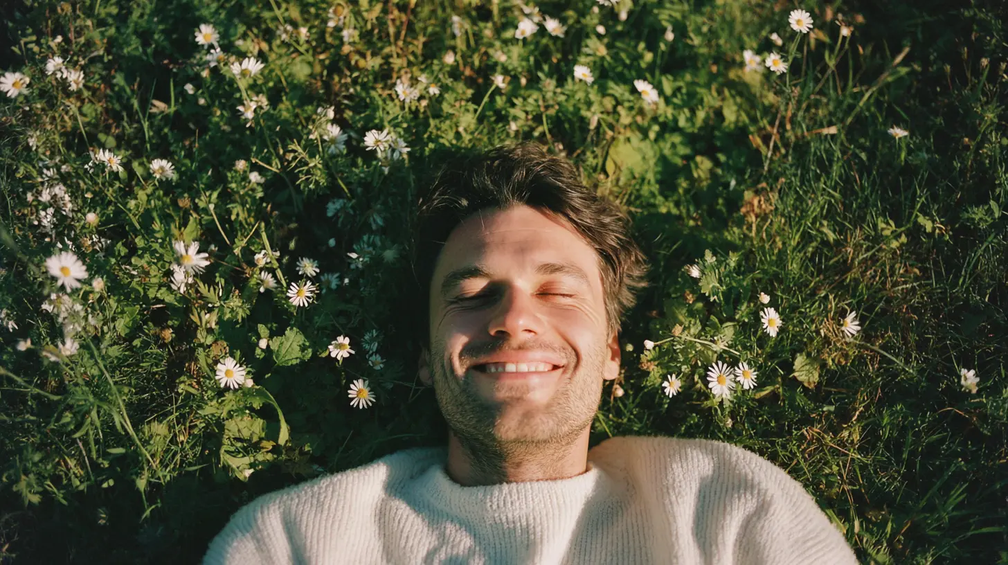 mann liegt glücklich auf einer wiese