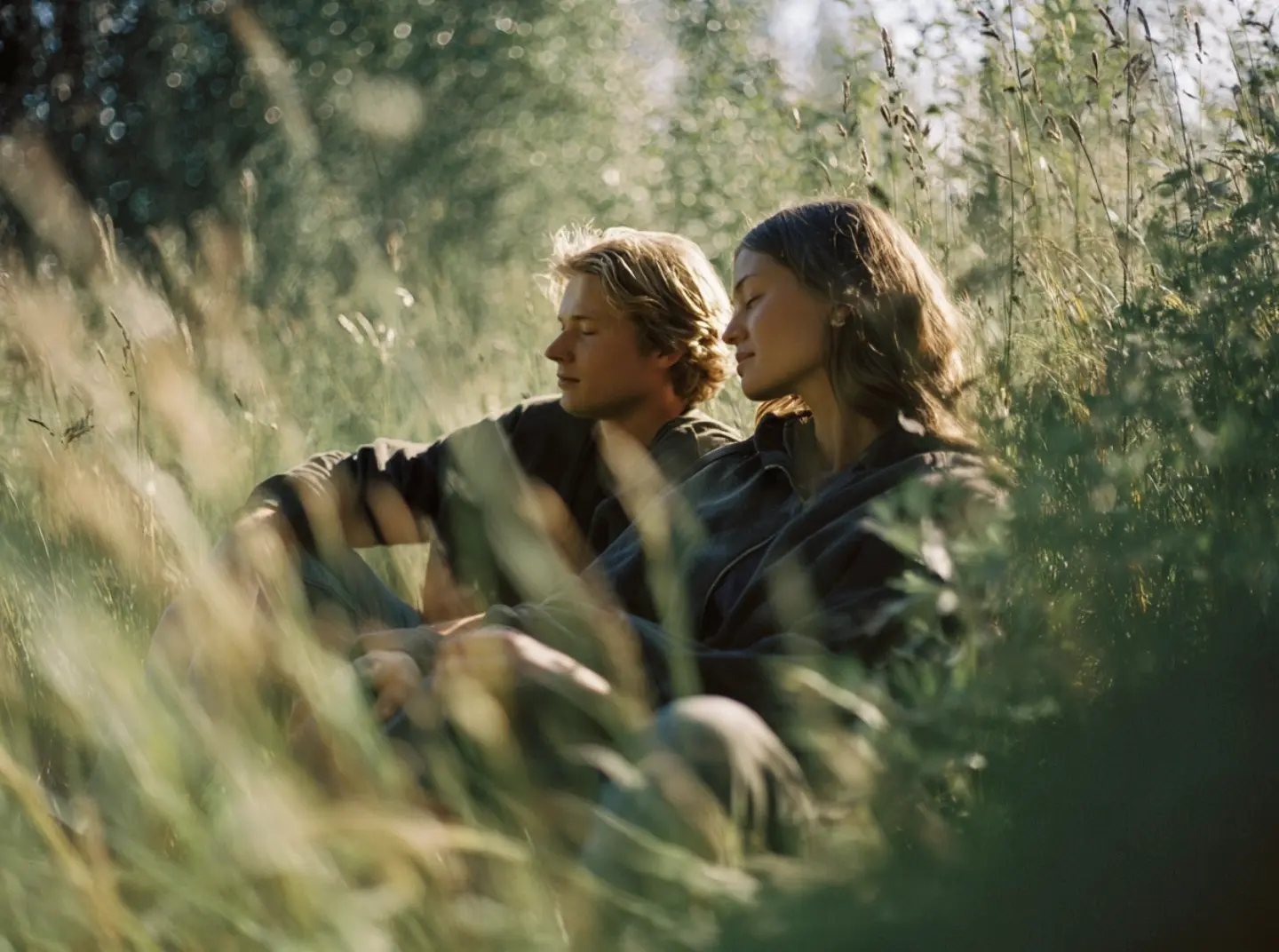 pärchen sitzt auf einer wiese